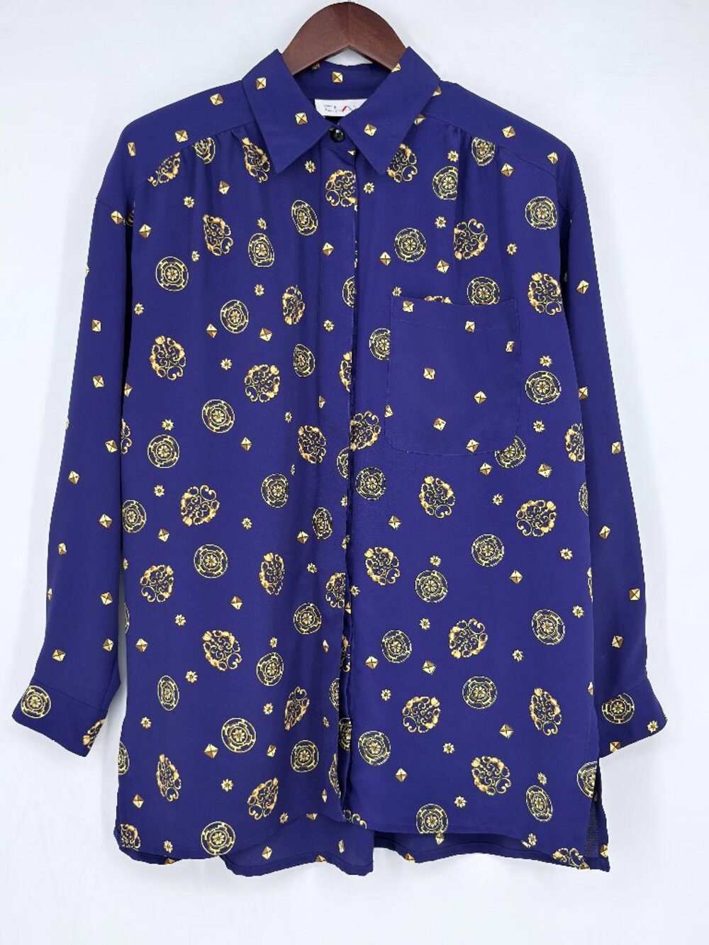 Vintage Chaus Scarf Print Blouse 10 Purple Gold Baroque Medallion Tunic Shirt